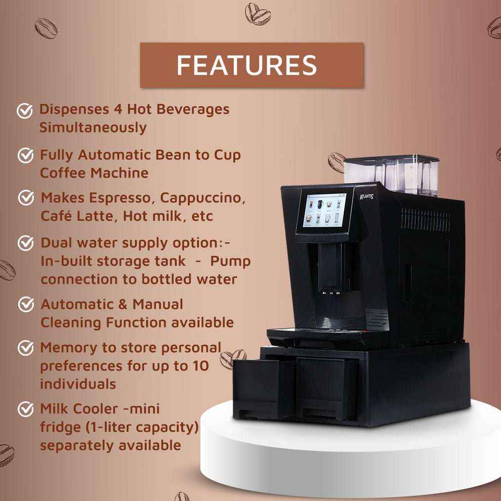 Fully automatic bean to cup coffee machine with touchscreen and multiple beverage options