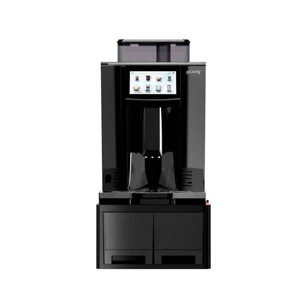 Black fully automatic bean to cup coffee machine with touch screen and dual dispenser