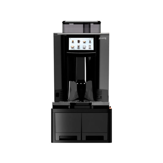 Black fully automatic bean to cup coffee machine with digital touchscreen and dual spouts