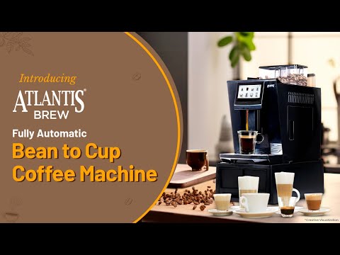 Atlantis Brew fully automatic bean to cup coffee machine with multiple coffee cups and beans on table