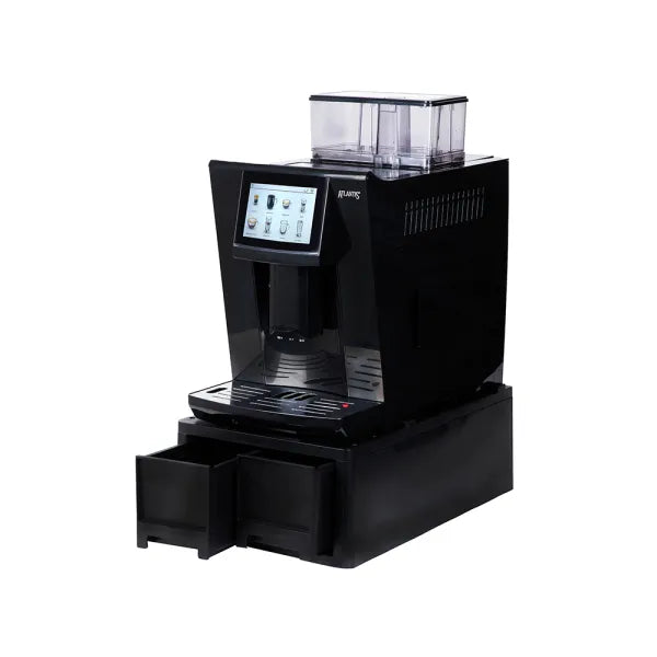 Black fully automatic bean to cup coffee machine with touchscreen and dual tray drawers