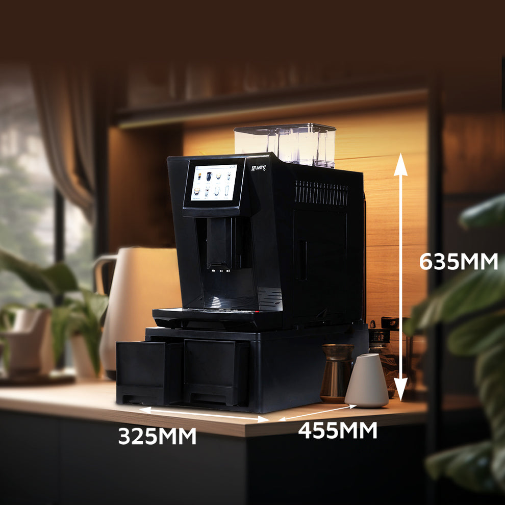 Black fully automatic bean to cup coffee machine with digital display and compact design on kitchen countertop