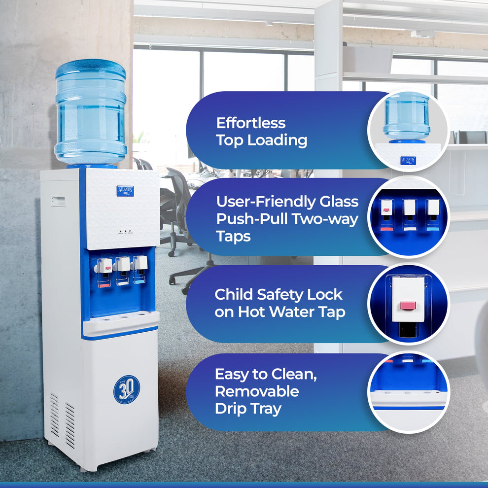 Hot and cold water dispenser with top loading, push-pull taps, child safety lock, and removable drip tray