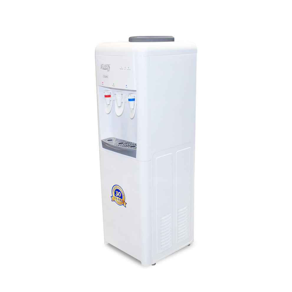White hot and cold water dispenser for office with dual taps and compact design