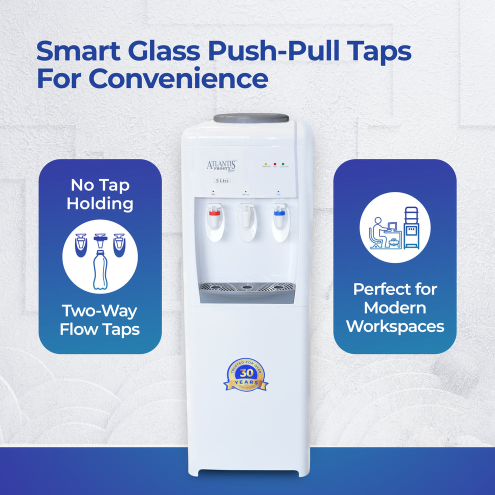 Hot and cold water dispenser for office with smart glass push-pull taps and two-way flow design