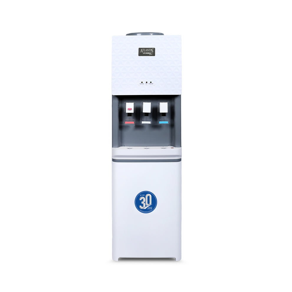 White hot and cold water dispenser with three taps and a 30-day warranty label