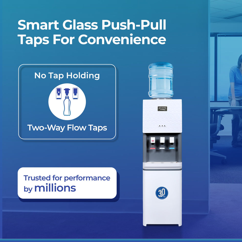Hot and cold water dispenser with smart glass push-pull taps and two-way flow for convenient office use