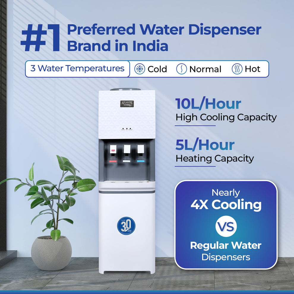 Hot and cold water dispenser with three temperature settings and high cooling and heating capacity