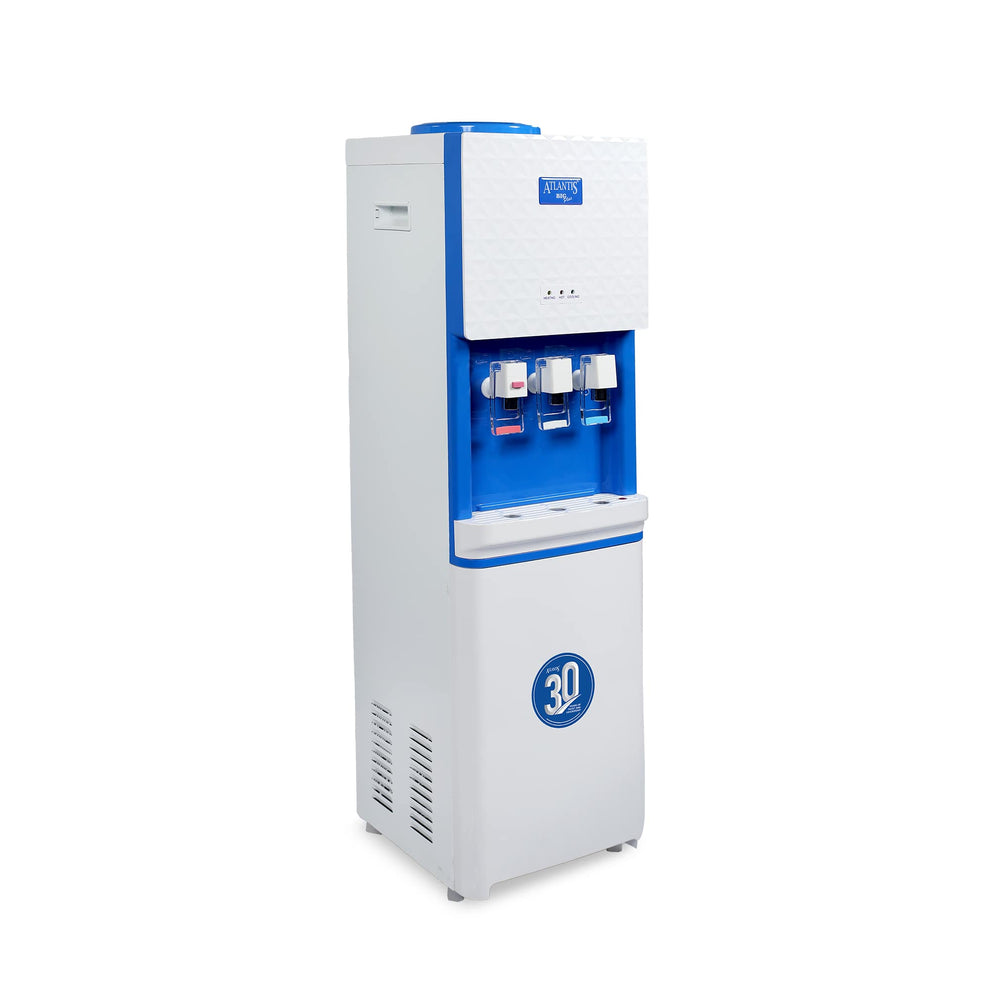 White and blue hot and cold water dispenser with three taps from Tea coffee vending service