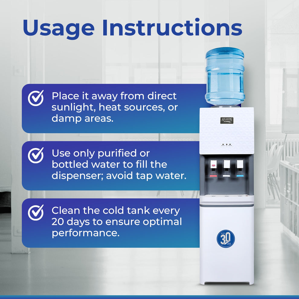 Hot and cold water dispenser with clear bottle and usage instructions on placement and cleaning