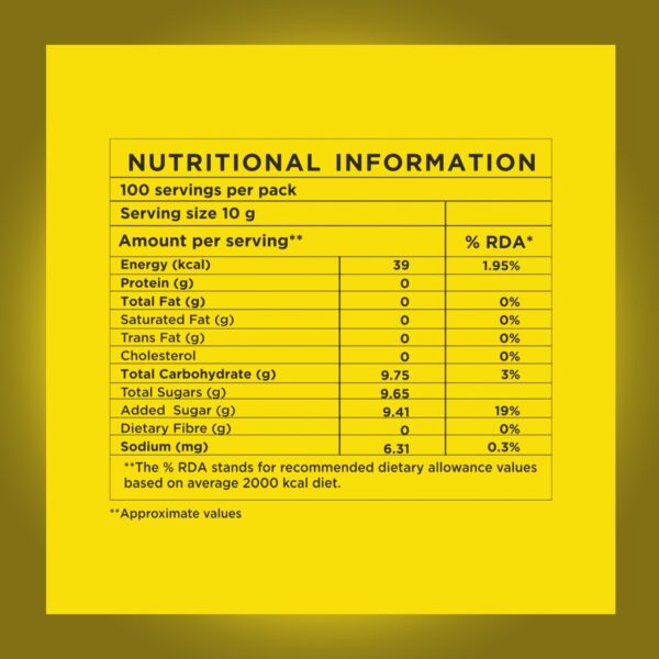 Nutritional information label of Atlantis instant lemon tea powder showing servings and dietary values