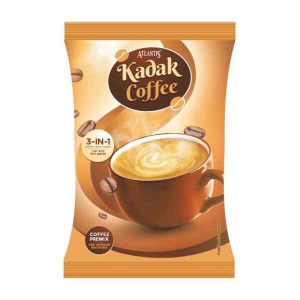 Atlantis Kadak Coffee 3-in-1 coffee premix packet with creamy coffee cup and coffee beans