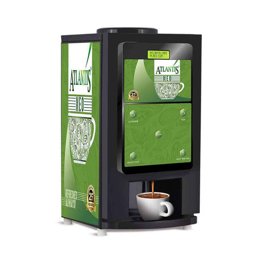 COFFEE WALLA Atlantis Neo 2 coffee vending machine with black body and green decorative panel brewing coffee