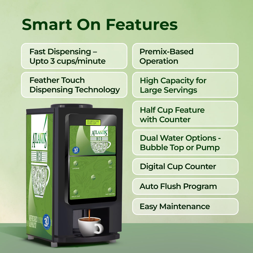ATLANTIS NEO 2-Lane Tea and Coffee Vending Machine - Dedicated Hot Water - COFFEE WALLA CALL ANY REQUIREMENT 99397588888 24*7