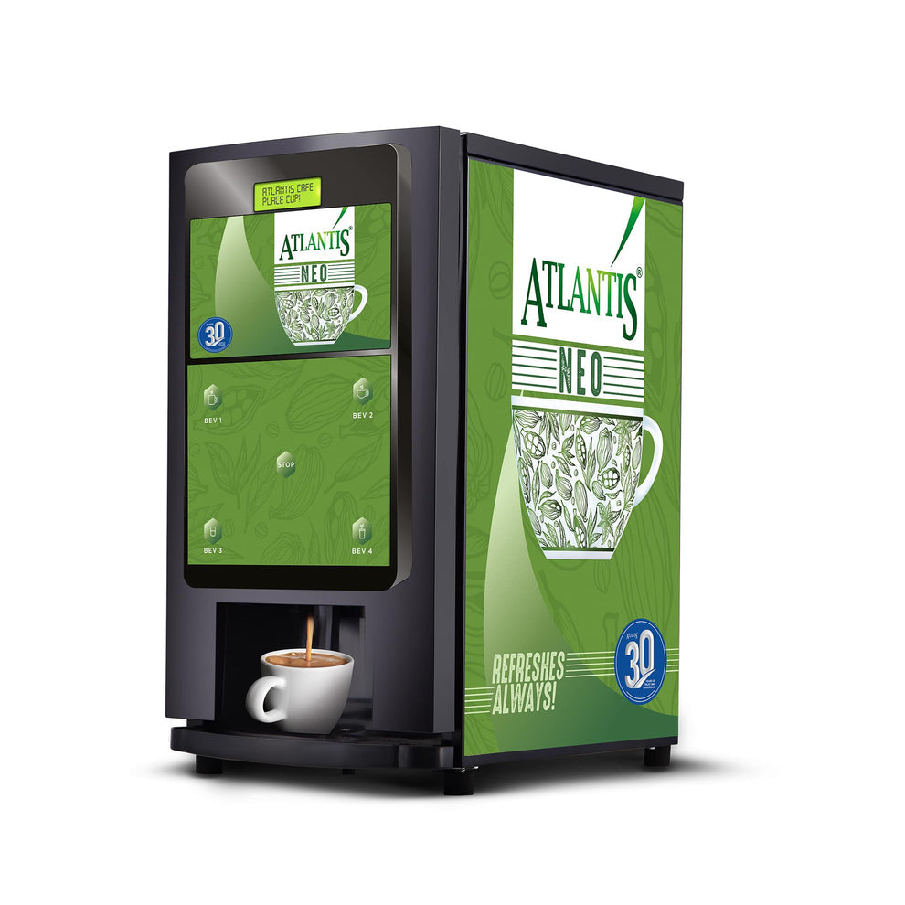 COFFEE WALLA Atlantis neo 3 lane coffee machine dispensing coffee into a white cup with green branding