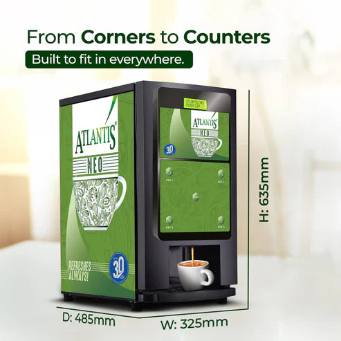 3-lane instant soup coffee tea machine Atlantis Neo compact design with dimensions for counters and corners