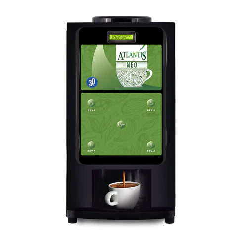 Atlantisplus 3-lane instant soup coffee tea machine in black with digital display and cup dispensing coffee
