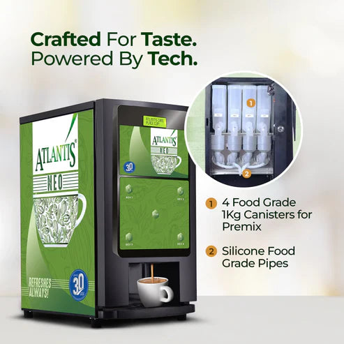 Atlantis Neo 4 lane coffee vending machine with 4 food grade canisters and silicone food grade pipes