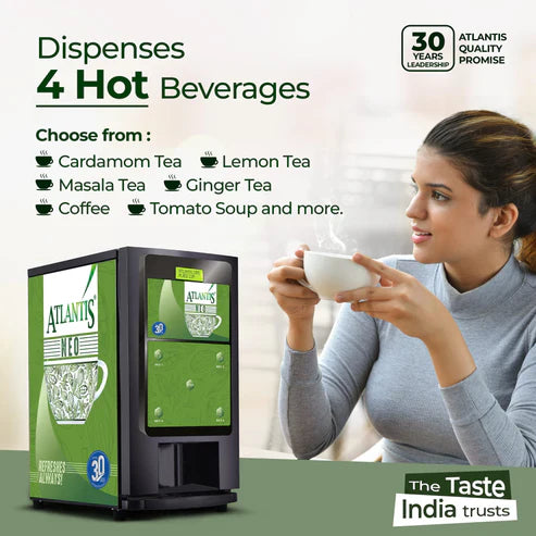Atlantis neo 4 lane upi qr master vending machine dispensing four hot beverages with woman drinking tea