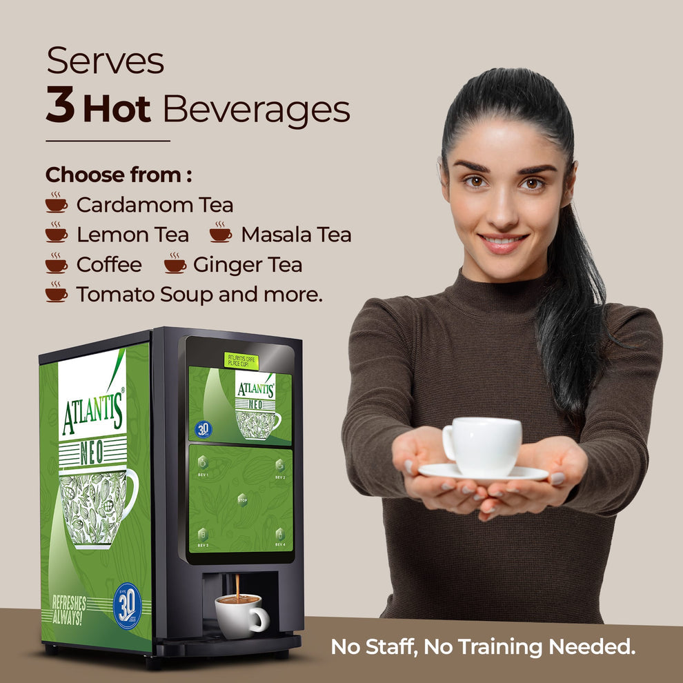 Coffee Walla tea and coffee vending machine serving hot beverages with a woman holding a white cup