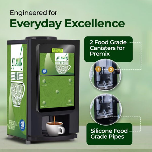 Atlantis Neo tea coffee vending machine with 2 food grade canisters and silicone food grade pipes