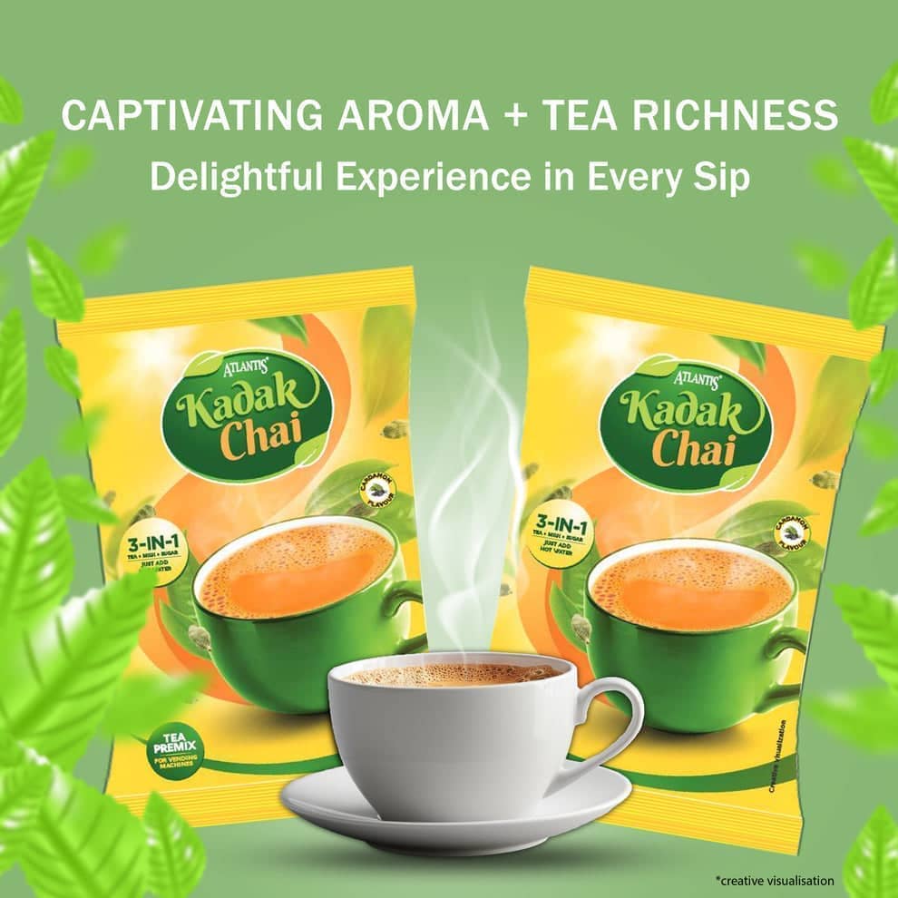 Atlantis Kadak Chai tea premix with hot tea cup showcasing coffee premix coffee machine tea premix water dispencer