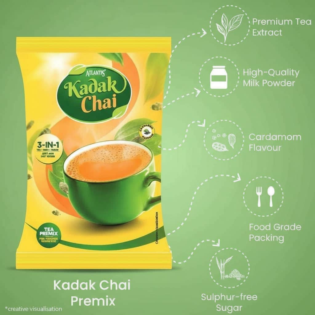 Atlantis Kadak Chai tea premix packet with premium tea extract and cardamom flavor from TEA COFFEE VENDING SERVICE