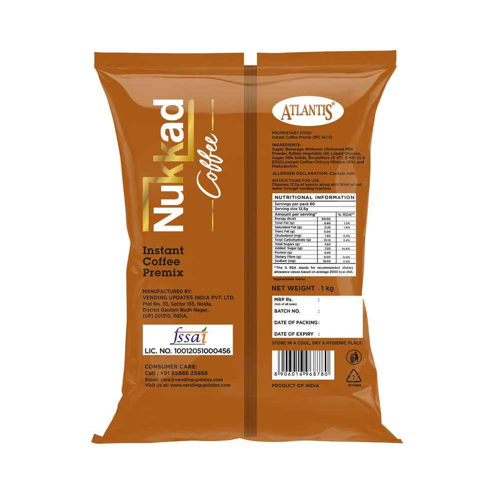 Atlantis Nukkad instant coffee premix brown package with nutritional information on the back
