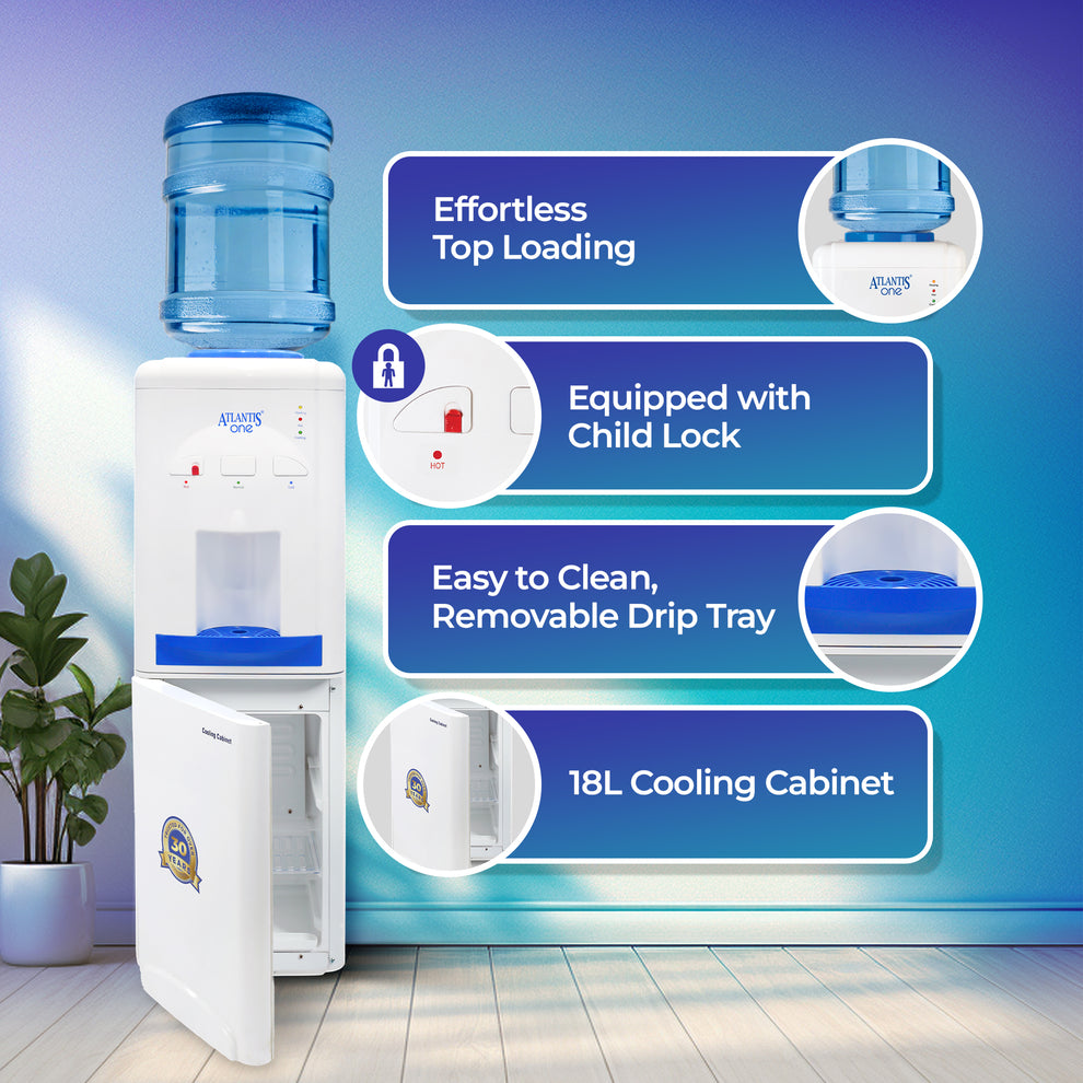 Hot and cold water dispenser with top loading, child lock, removable drip tray, and 18L cooling cabinet