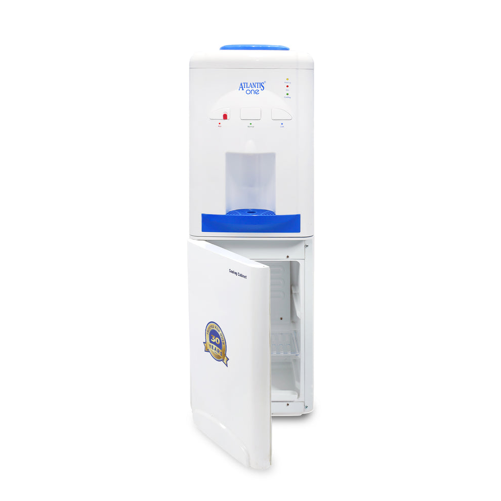 White and blue hot and cold water dispenser with bottom storage compartment and control buttons