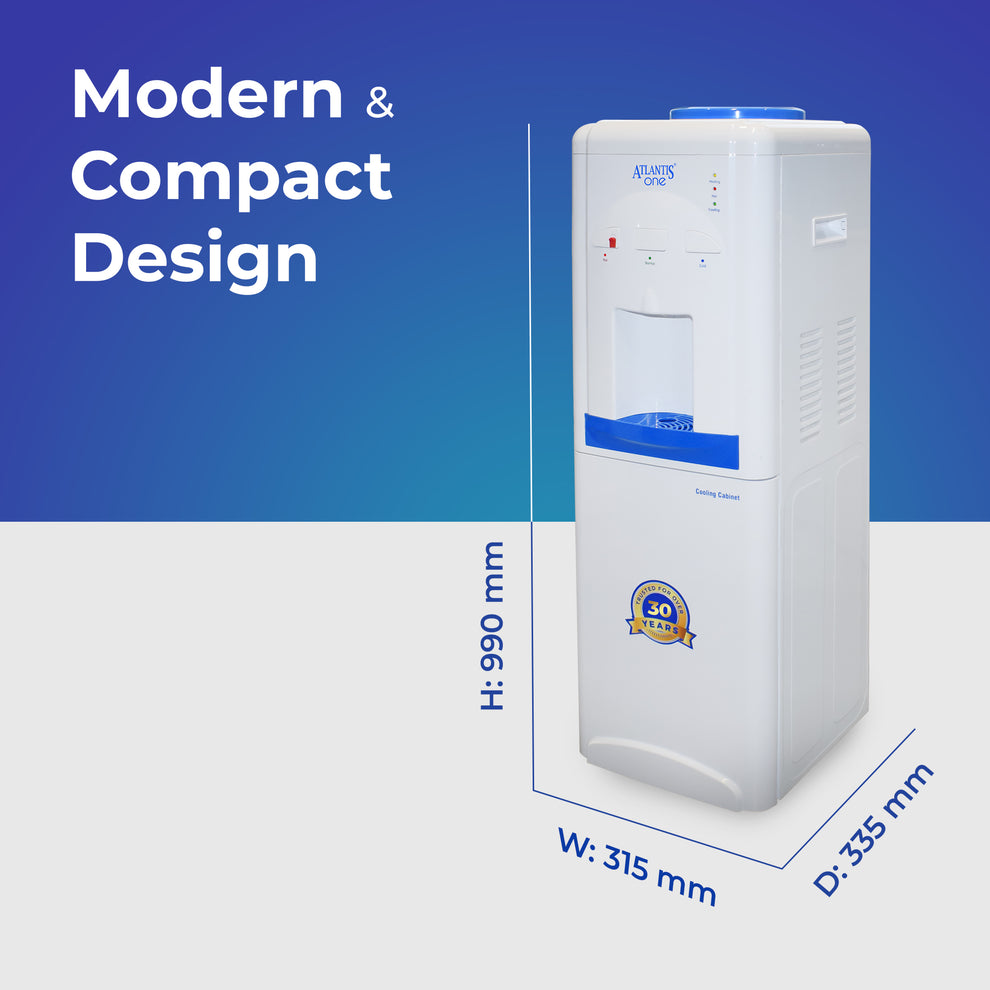 Modern and compact hot and cold water dispenser with dimensions 990 mm height 315 mm width 335 mm depth