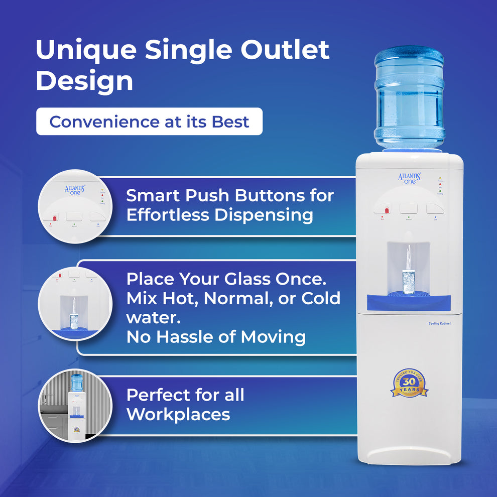 Hot and cold water dispenser with unique single outlet design and smart push buttons for easy water dispensing
