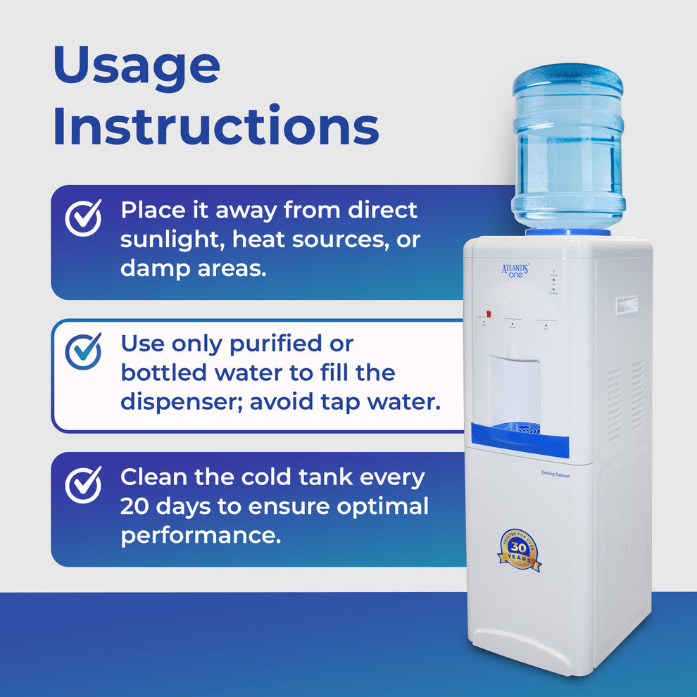 Hot and cold water dispenser with blue water bottle and usage instructions from Tea coffee vending service
