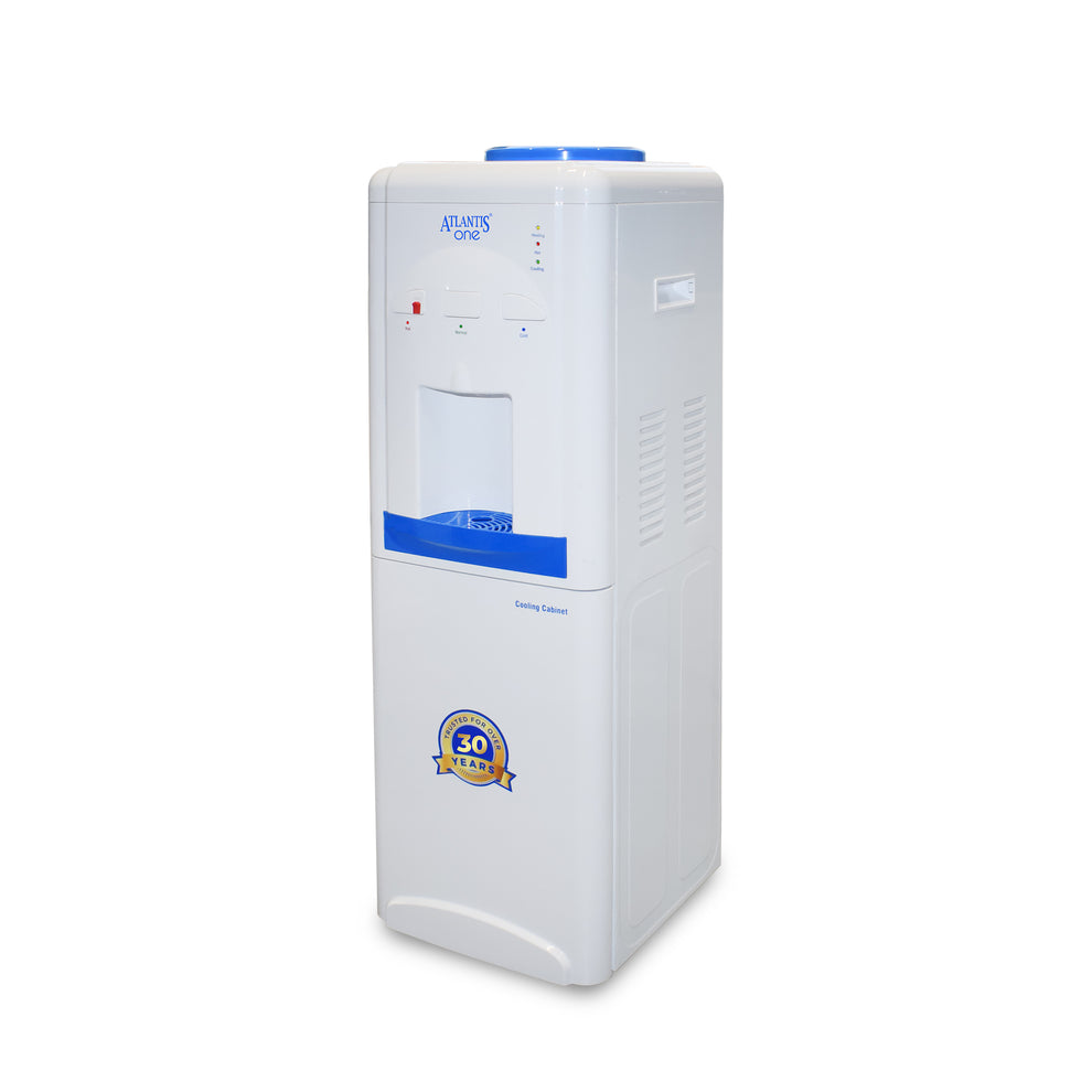 White hot and cold water dispenser with blue accents and 30 year warranty badge