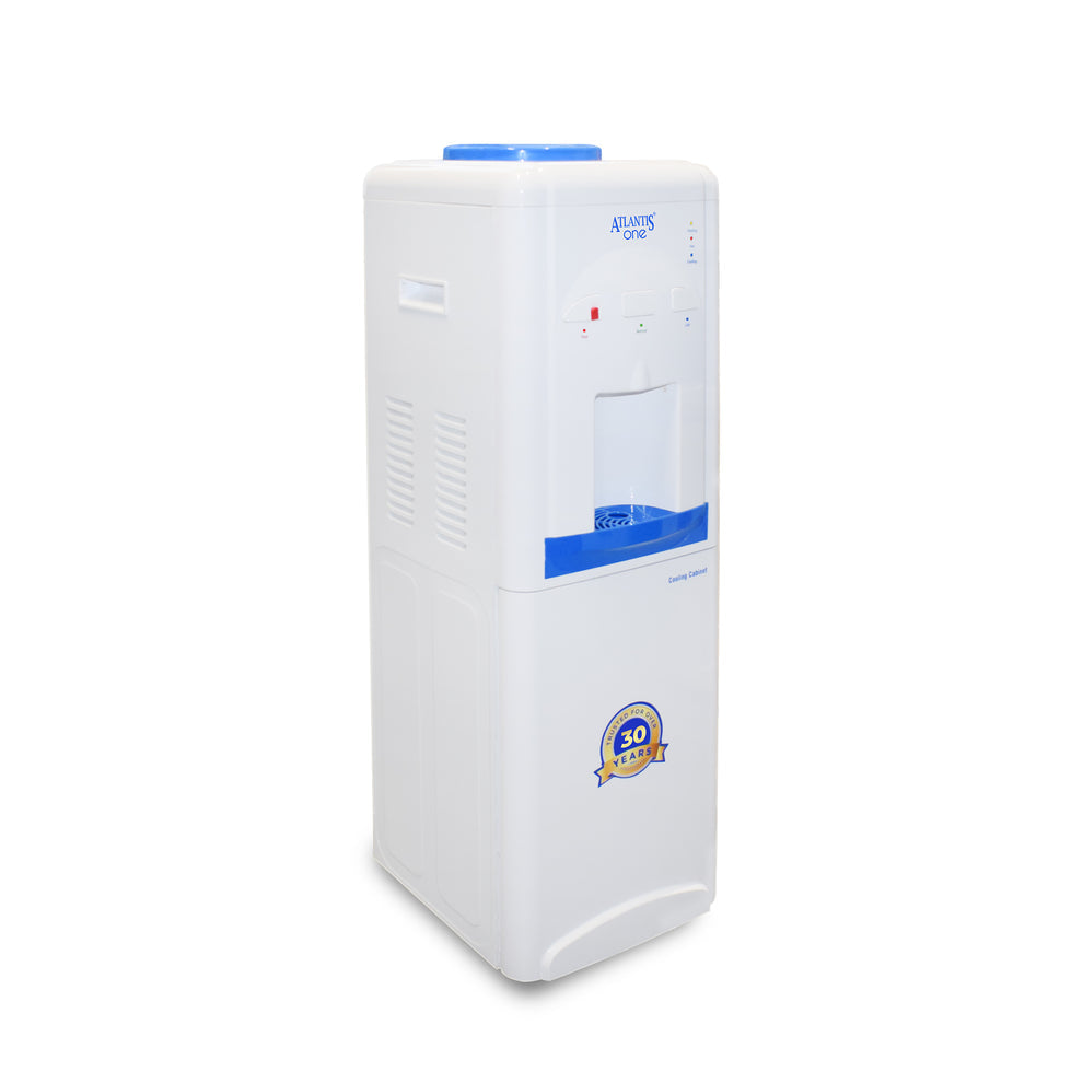 White hot and cold water dispenser with blue accents and 30 years warranty label
