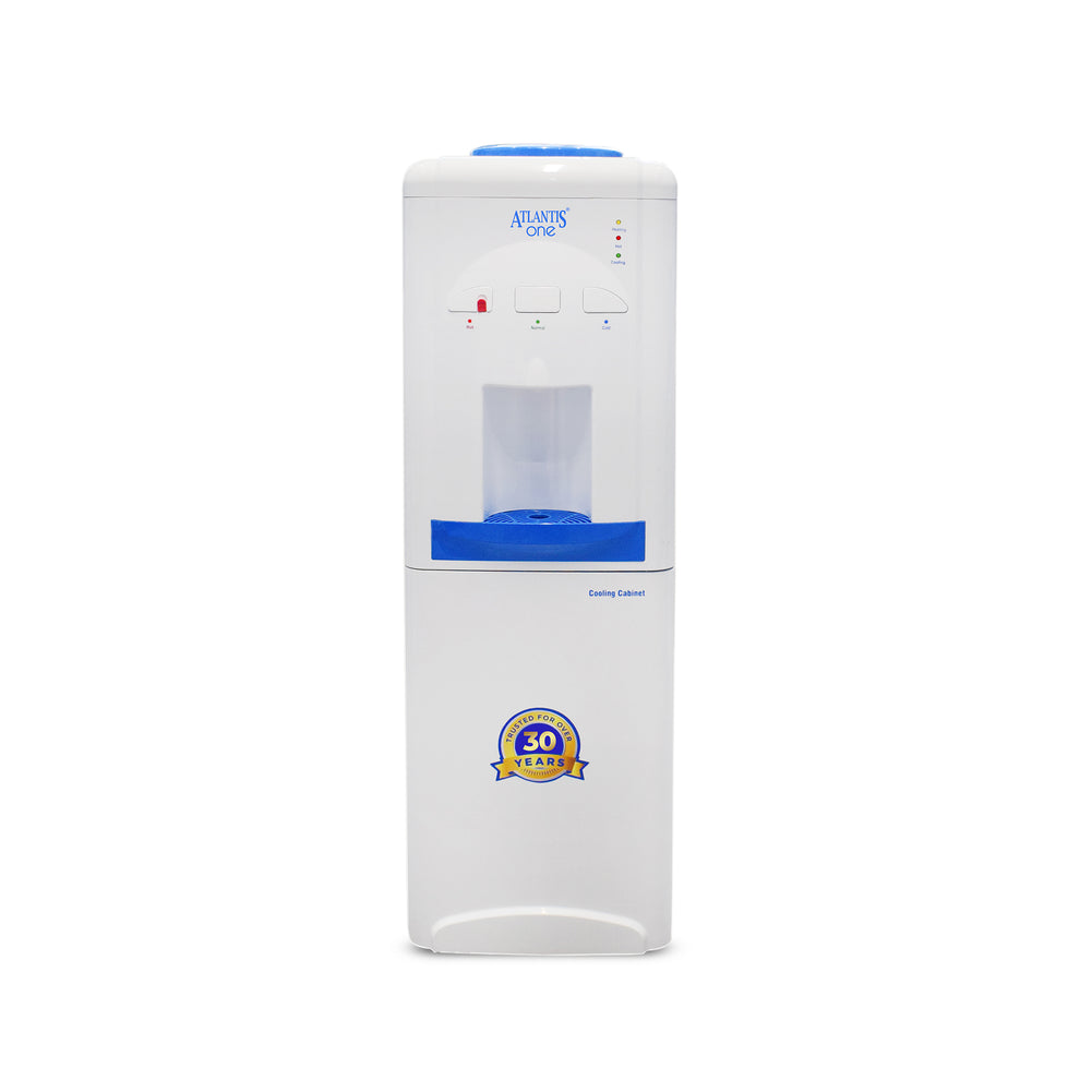 Atlantis One hot and cold water dispenser with blue and white design and 30 years warranty label