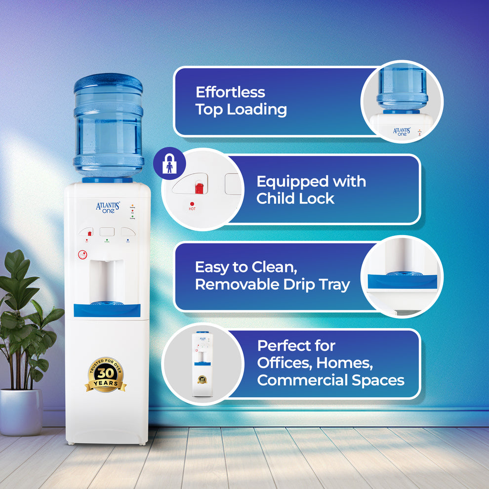 Atlantis One water dispenser with top loading, child lock, removable drip tray, ideal for offices and homes