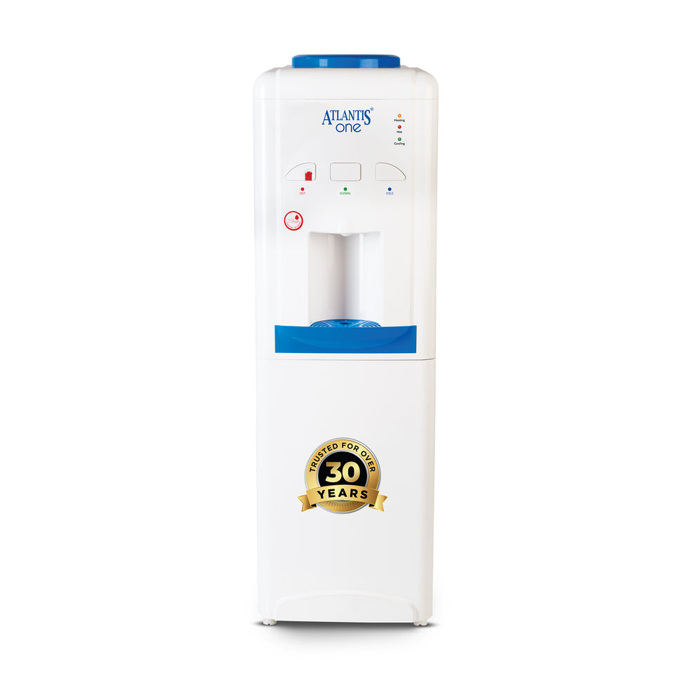 White Atlantis One water dispenser with blue accents and 30 years trusted badge