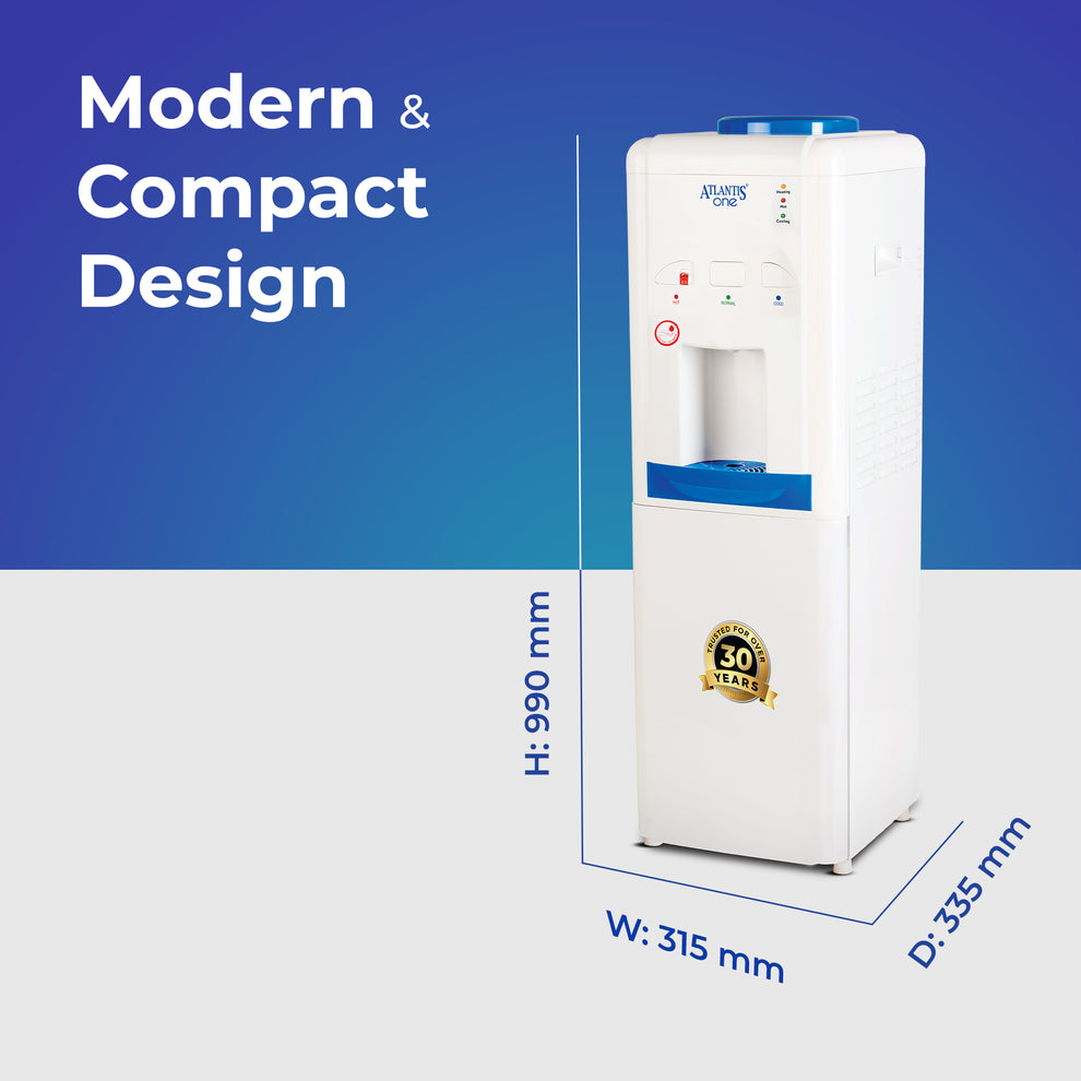 Atlantis One water dispenser with modern compact design and dimensions 990 mm height 315 mm width