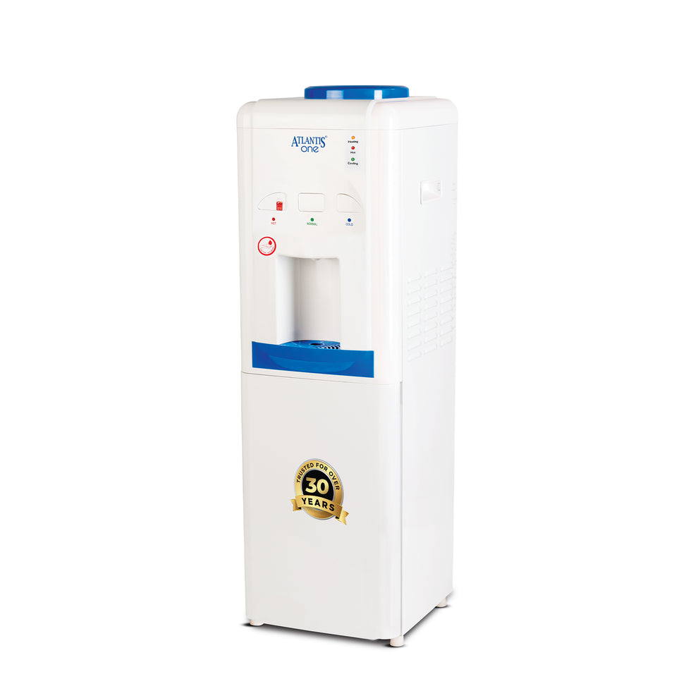 Atlantis One water dispenser white standing model with hot and cold water taps and 30 years badge