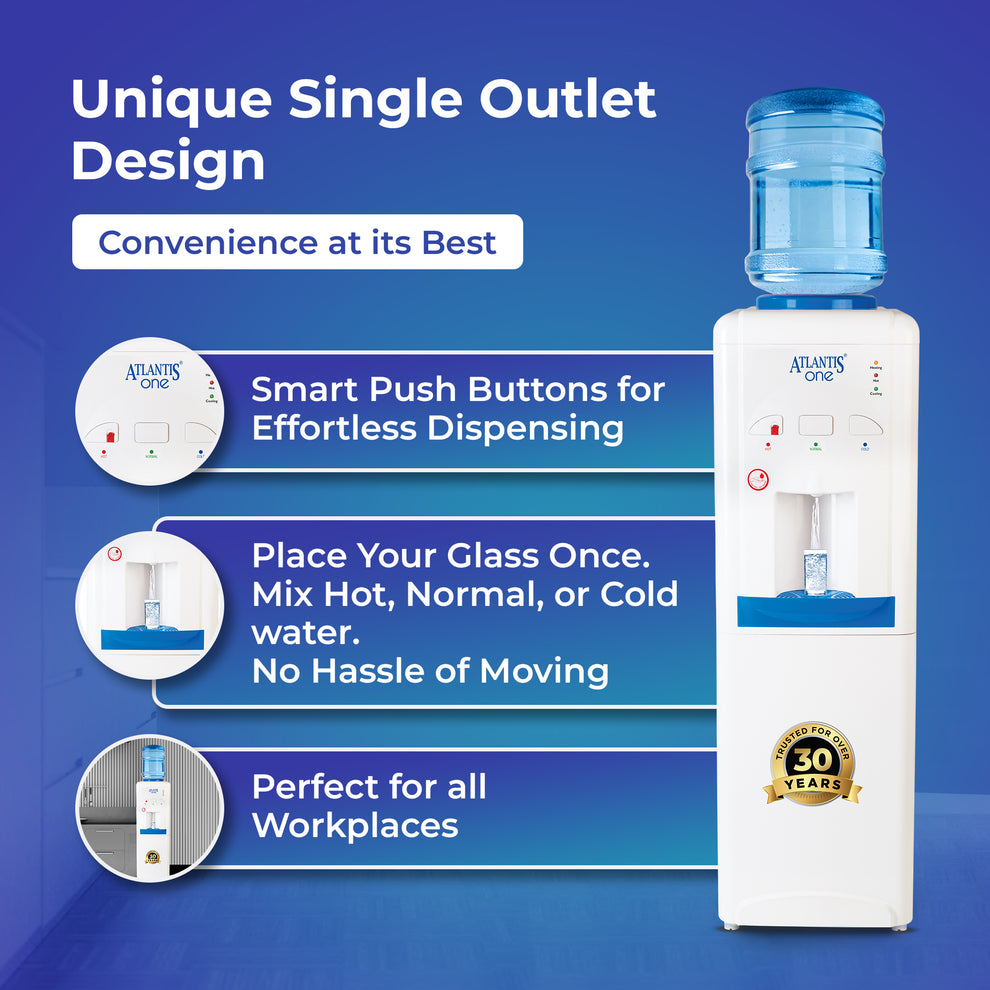 Atlantis One water dispenser with unique single outlet design and smart push buttons for effortless dispensing