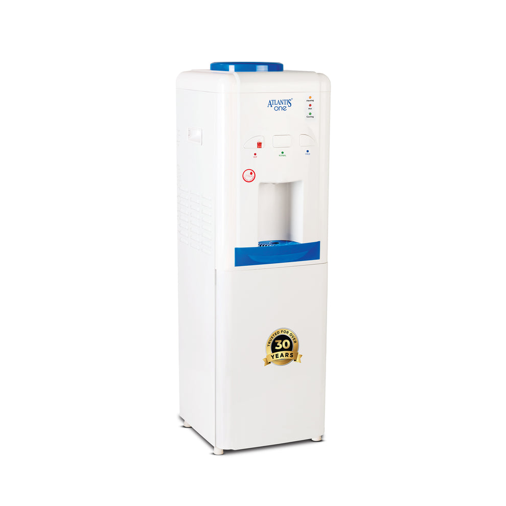 White Atlantis One water dispenser with blue top and control panel, ideal for office and home use