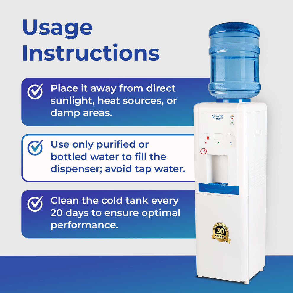 Atlantis One water dispenser with a large blue water bottle and usage instructions on safe and optimal operation