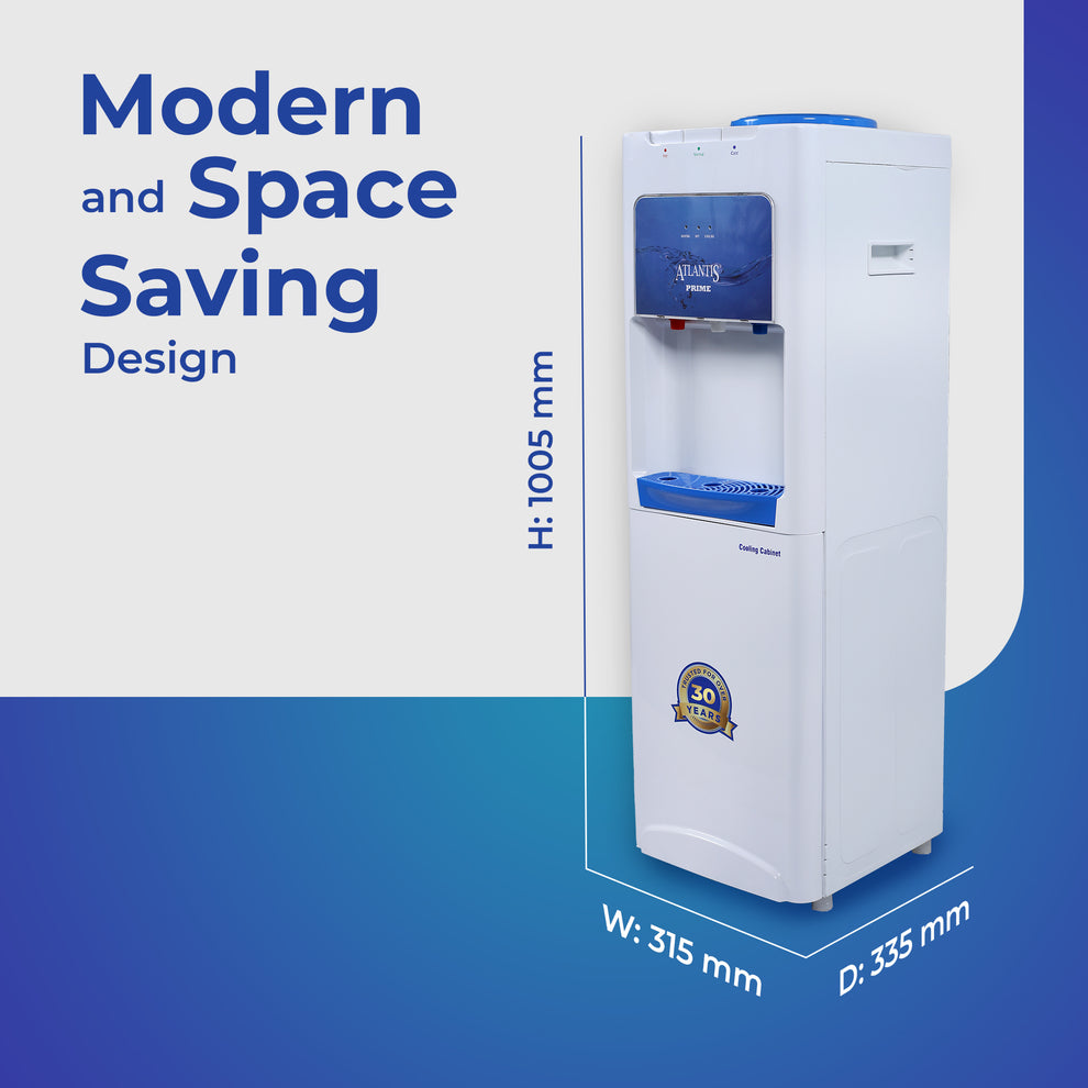 White modern floor standing water dispenser with space saving design and blue accents
