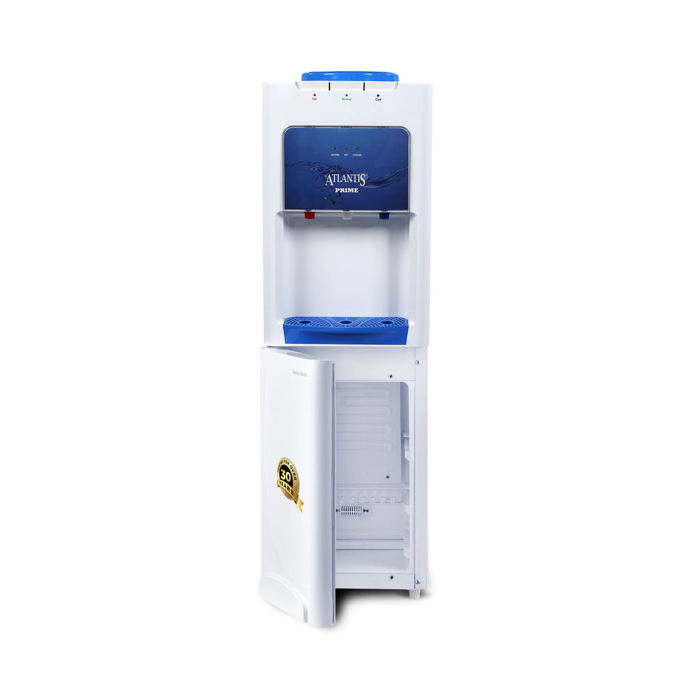 White and blue floor standing water dispenser with storage cabinet and dual water taps
