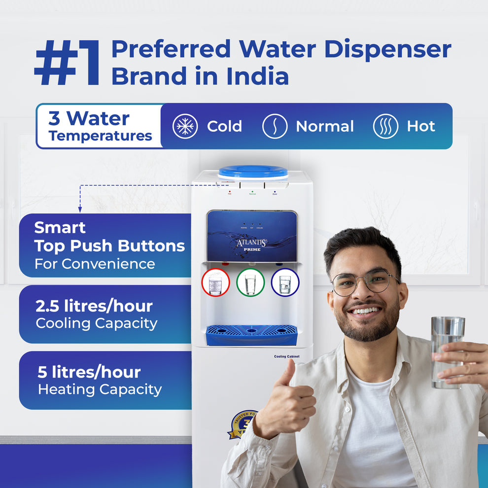 Floor standing water dispenser with cold, normal, and hot water temperatures and smart top push buttons
