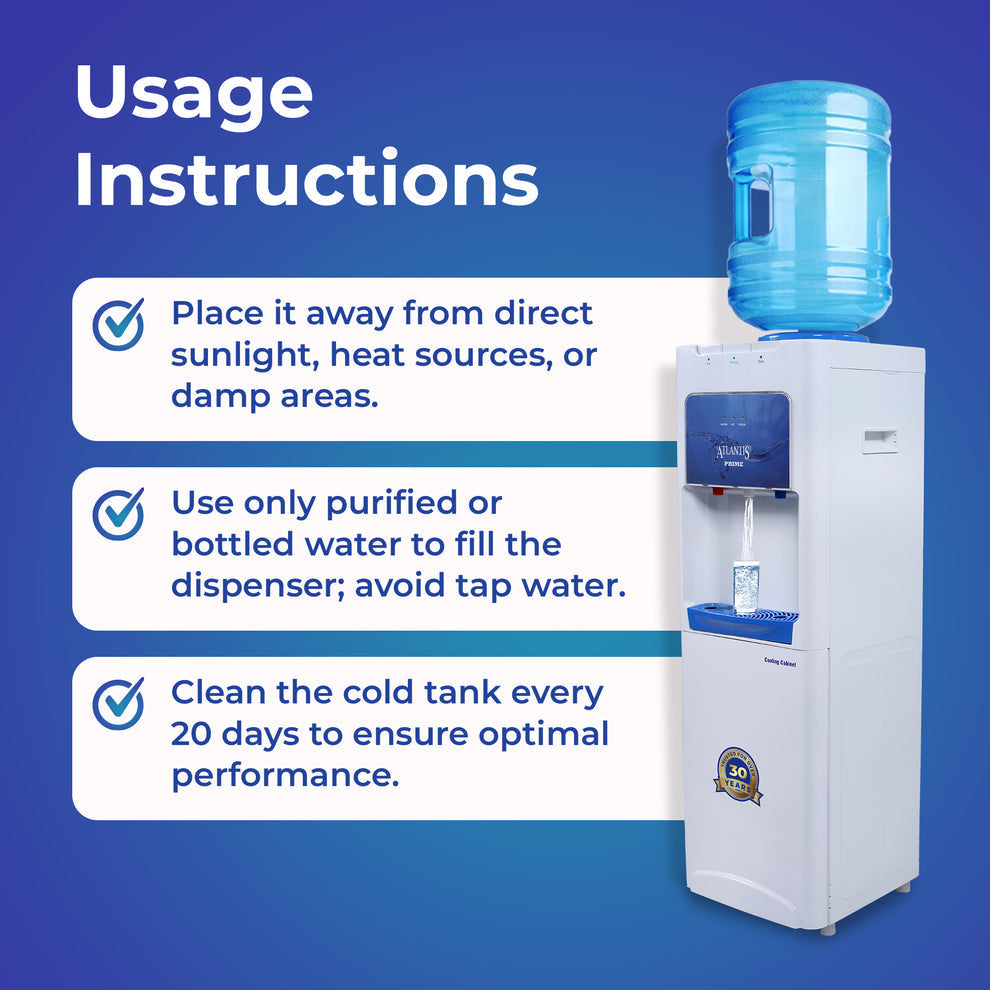 Floor standing water dispenser with blue water bottle and usage instructions on a blue background