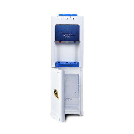 Atlantis Prime water dispenser for office with top water outlet and bottom storage cabinet in white