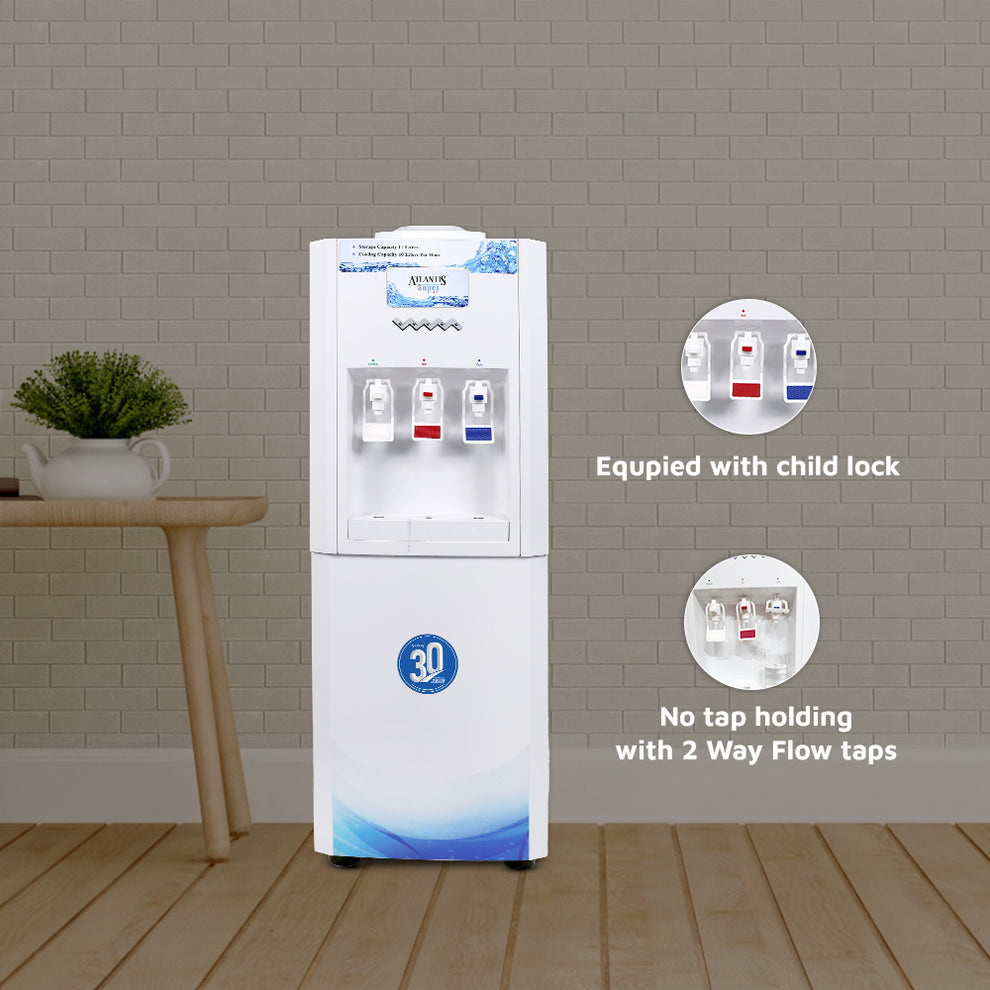 RO compatible water dispenser with child lock and 2 way flow taps in white standing beside a table