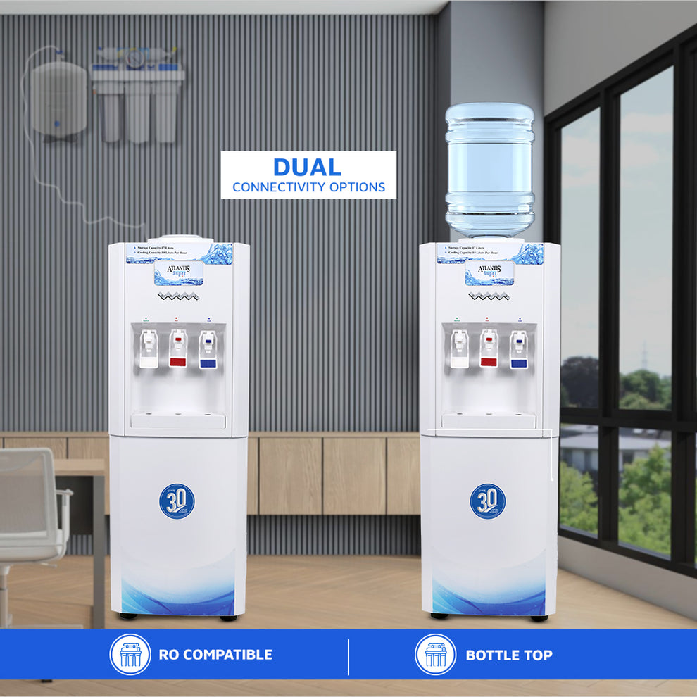 RO compatible water dispenser with dual connectivity options showing bottle top and RO compatibility in office setting